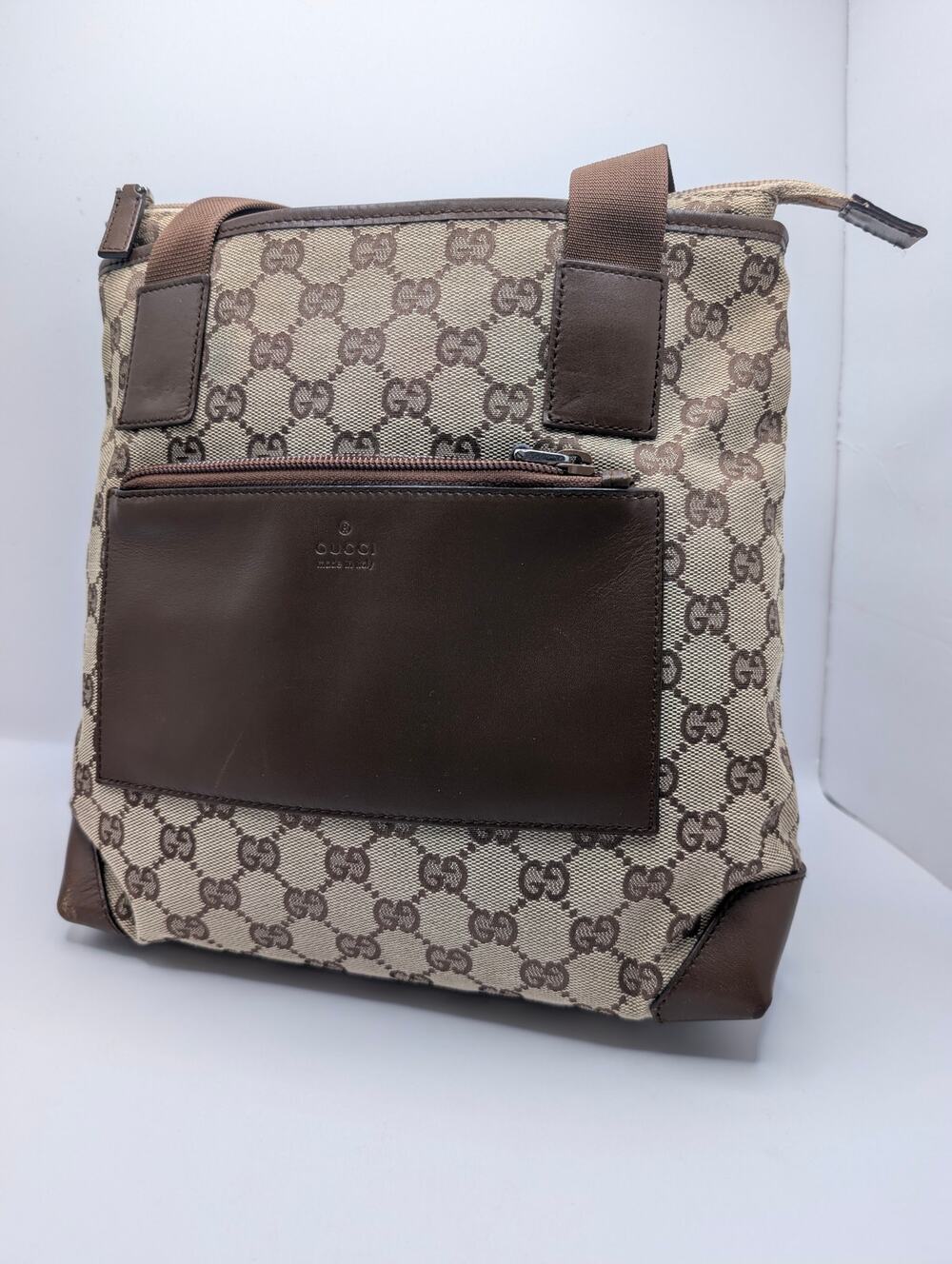 Authentic Gucci GG Canvas Front Zip Small Messenger Tote